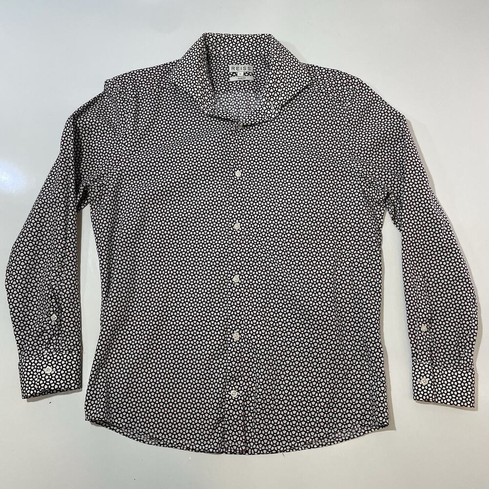 Reiss Men’s Geo Print White Long Sleeve Button Down Shirt Size Medium Slim Fit